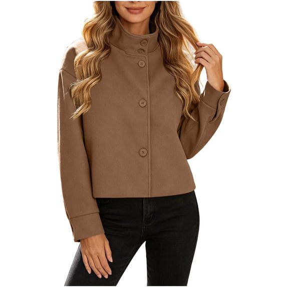 TtopsQueen Women’s Cropped Wool Blend Coat, Stand Collar Asymmetric Button Closure, Long Sleeve Short Jacket with Side Pockets, Loose Fit Fashion Outerwear for Fall Winter Coffee,S