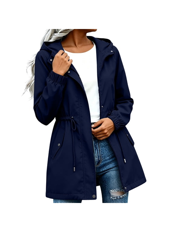Women's Hooded Anorak Jacket Drawstring Waist Long Sleeve Lightweight Windproof Mid Length Casual Outer Coat Navy,XXL