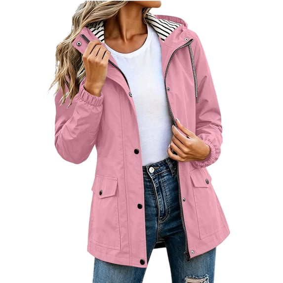 TtopsQueen Women's Hooded Rain Jacket, Zip‑Up Snap Button Windbreaker with Striped Lining, Elastic Cuffs, Flap Pockets, Lightweight Waterproof Outerwear for Outdoor Daily Wear Army Green,L