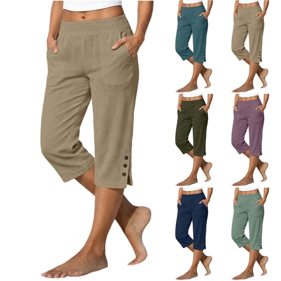 TtopsQueen Womens Summer Linen Capri Pants, High Elastic Waist Relaxed Cropped Trousers, Side Hem Button Slit Design Casual Walking Pants with Pockets Army Green,L