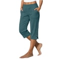 thumbnail image 1 of TtopsQueen Womens Summer Linen Capri Pants, High Elastic Waist Relaxed Cropped Trousers, Side Hem Button Slit Design Casual Walking Pants with Pockets Dark Blue,S, 1 of 6