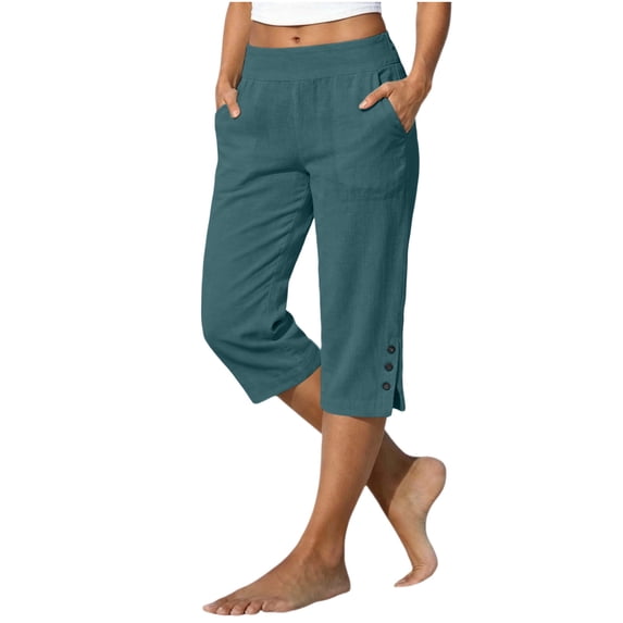 TtopsQueen Womens Summer Linen Capri Pants, High Elastic Waist Relaxed Cropped Trousers, Side Hem Button Slit Design Casual Walking Pants with Pockets Dark Blue,S