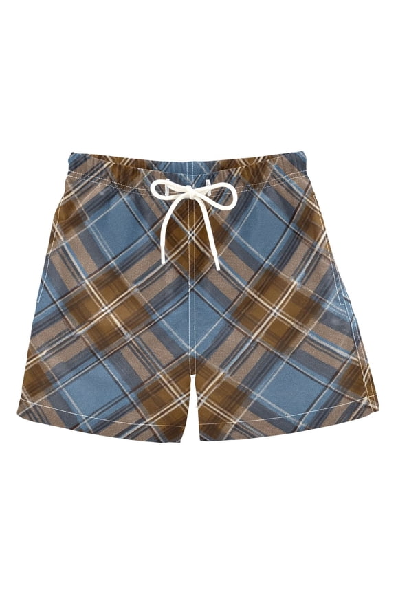 (3-14 years) One-Piece Boys' Swim Board Shorts with Lining for Beach and Home Use, Blue and Brown Plaid 2T
