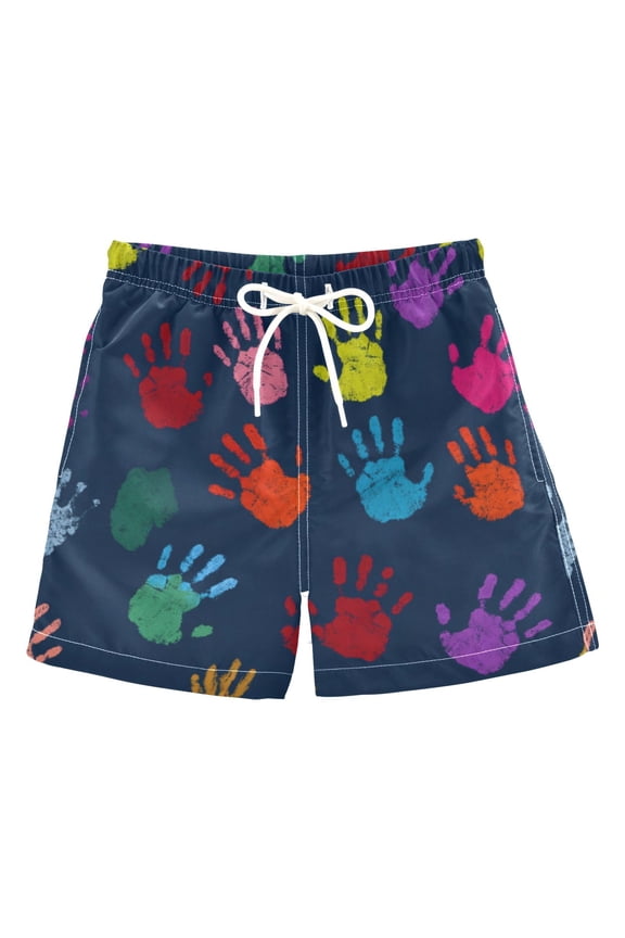 (3-14 years) One-Piece Boys' Swim Board Shorts with Lining for Beach and Home Use, Handprint Pattern 2T