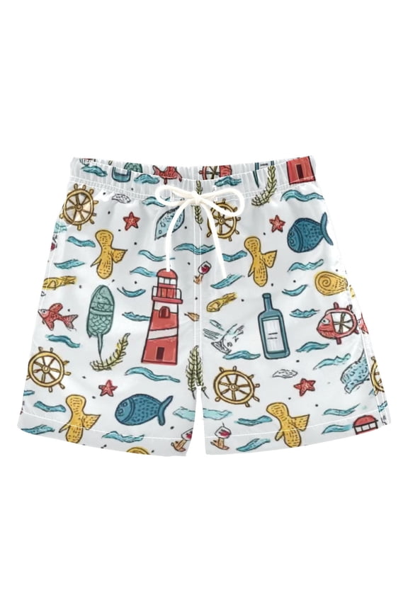 (3-14 years) One-Piece Boys' Swim Board Shorts with Lining for Beach and Home Use, Sailing XS