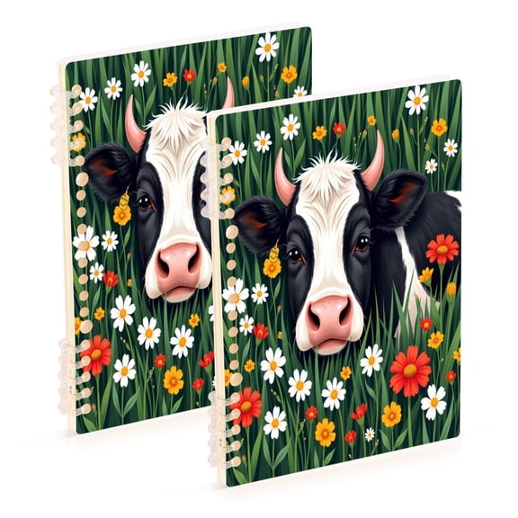 Ttyddzy A5 Spiral Fastener Notebooks 5.7"x8.3" Hardcover Lay-flat (60 Sheets), Meadow Cow Printed