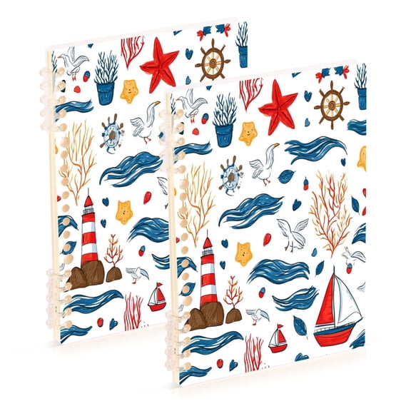 Ttyddzy A5 Spiral Fastener Notebooks 5.7"x8.3" Hardcover Lay-flat (60 Sheets), White Nautical Sketch Printed