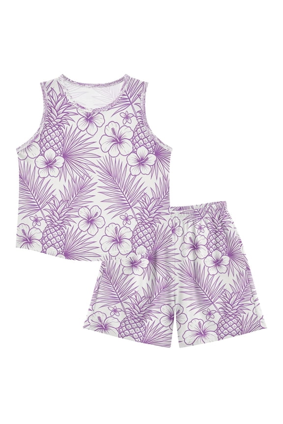 Children's Pajama Sets - Soft Cotton-Like Modal Sleeve Top and Shorts, Hawaiian Pattern,4Y