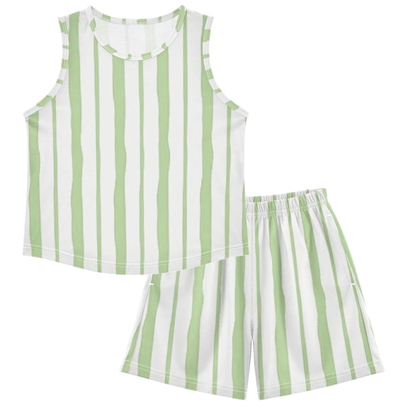 Ttyddzy Children's Pajama Sets - Soft Cotton-Like Modal Sleeve Top and Shorts, Light Green Stripes ,4Y