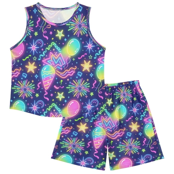 Ttyddzy Children's Pajama Sets - Soft Cotton-Like Modal Sleeve Top and Shorts, Neon Party Balloon Pattern ,5-6Y