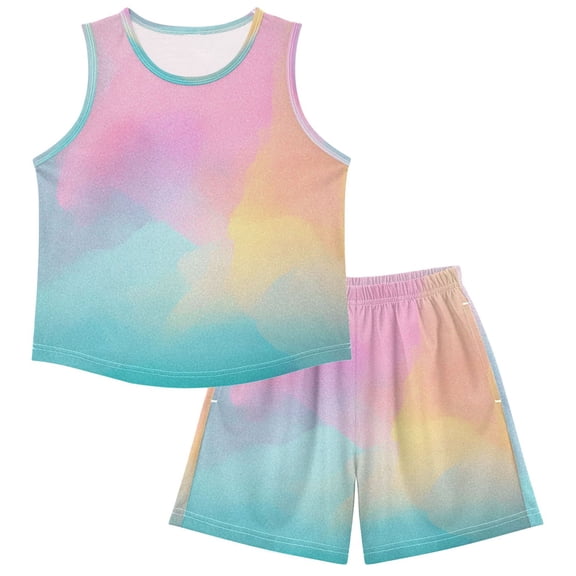 Ttyddzy Children's Pajama Sets - Soft Cotton-Like Modal Sleeve Top and Shorts, Rainbow-colored and Shining ,9-10Y