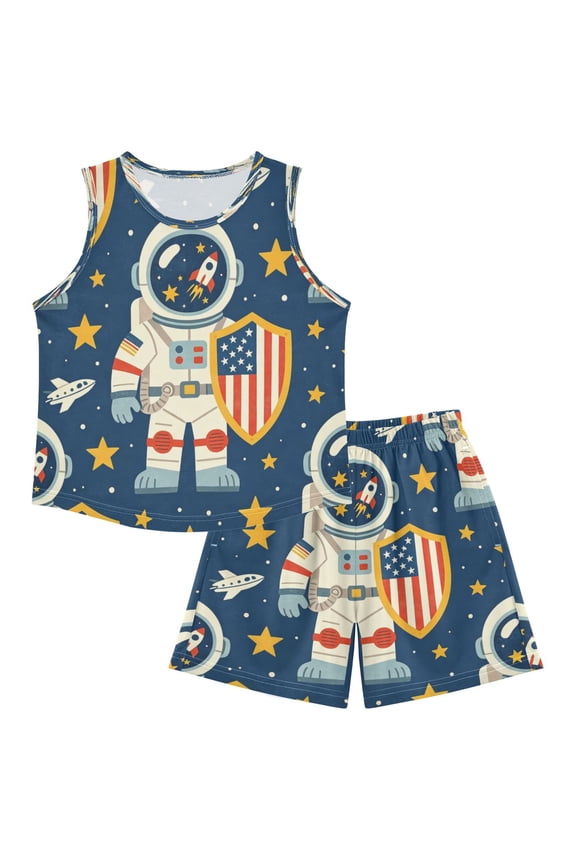 Children's Pajama Sets - Soft Cotton-Like Modal Sleeve Top and Shorts, Shield Pattern ,4Y