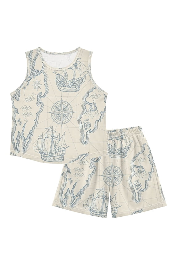 Children's Pajama Sets - Soft Cotton-Like Modal Sleeve Top and Shorts, Vintage Nautical Map ,4Y