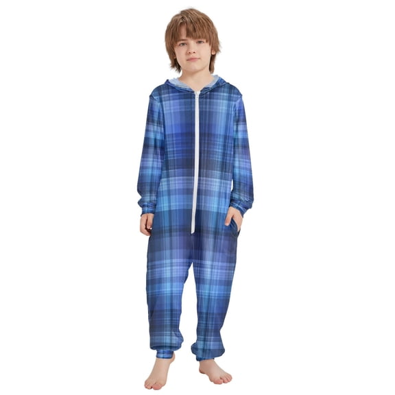 Ttyddzy Children's one-piece Hooded Pajamas Soft Crystal Velvet with Kids Girl Boys,Loose Convenience Long Sleeves Zipper for 4T-14Y ，Consistent Blue Check Pattern