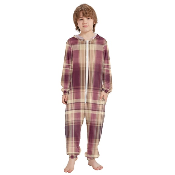 Ttyddzy Children's one-piece Hooded Pajamas Soft Crystal Velvet with Kids Girl Boys,Loose Convenience Long Sleeves Zipper for 4T-14Y ，Deep Red and Beige