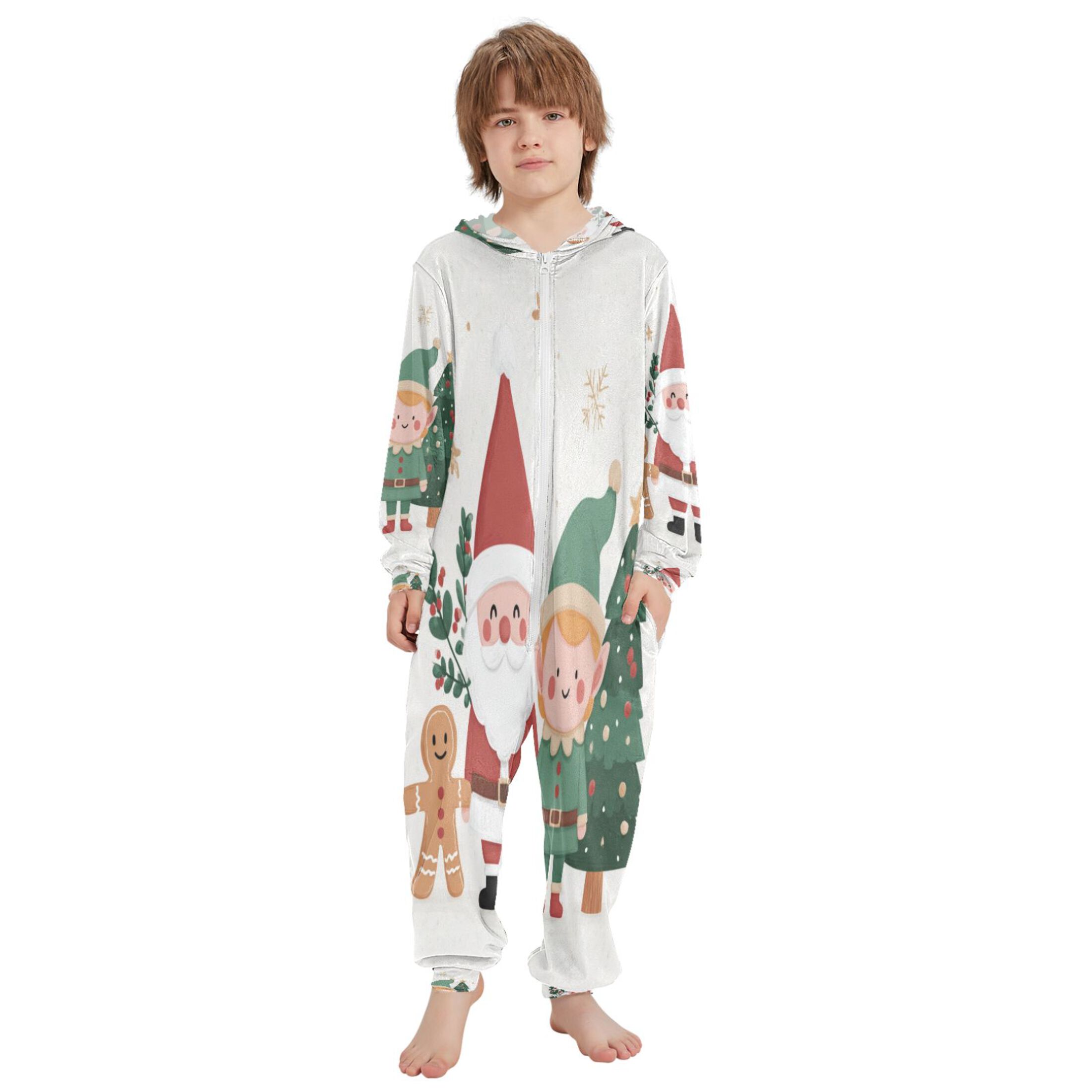 Ttyddzy Children's one-piece Hooded Pajamas Soft Crystal Velvet with Kids Girl Boys,Loose Convenience Long Sleeves Zipper for 4T-14Y ，Santa Claus and The Little Elves