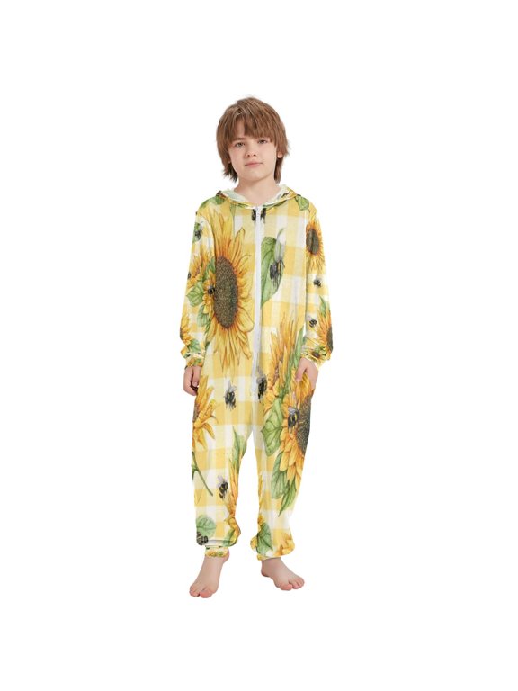 Children's one-piece Hooded Pajamas Soft Crystal Velvet with Kids Girl Boys,Loose Convenience Long Sleeves Zipper for 4T-14Y ,Sunflowers and Bumblebees
