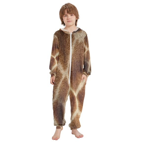 Ttyddzy Children's one-piece Hooded Pajamas Soft Crystal Velvet with Kids Girl Boys,Loose Convenience Long Sleeves Zipper for 4T-14Y ，The Fur Texture Of A Giraffe