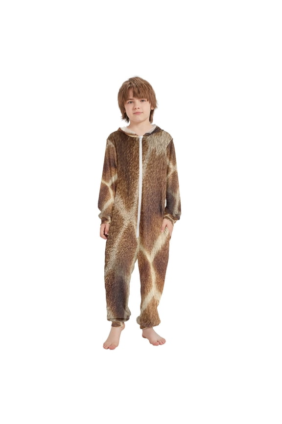 Children's one-piece Hooded Pajamas Soft Crystal Velvet with Kids Girl Boys,Loose Convenience Long Sleeves Zipper for 4T-14Y ,The Fur Texture Of A Giraffe