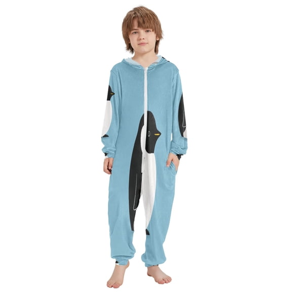 Ttyddzy Children's one-piece Hooded Pajamas Soft Crystal Velvet with Kids Girl Boys,Loose Convenience Long Sleeves Zipper for 4T-14Y ，Cute Penguin