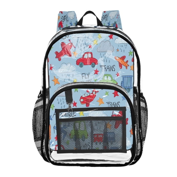 Ttyddzy Clear Backpack Heavy Duty PVC Transparent Backpack for College Workplace, Blue Transport Print