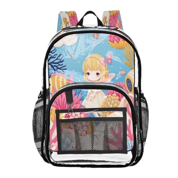 Ttyddzy Clear Backpack Heavy Duty PVC Transparent Backpack for College Workplace, Coral Reef Fairy Art