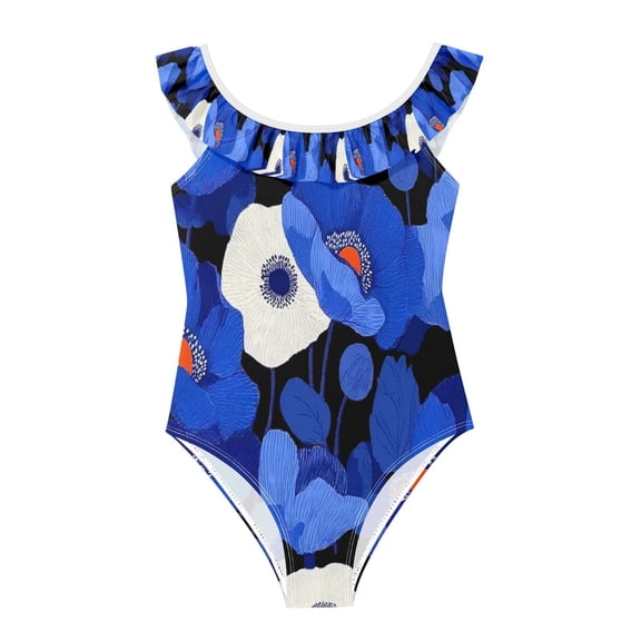 Ttyddzy Girls' One-Piece Bathing Suit, Dark Navy Blue Printed Beach Swimwear 3-6Year