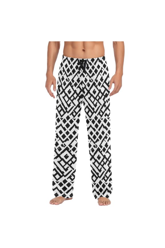 Men's Pajama Pants -Cartoon Print Soft Stretch Band Waist, Loose Straight Fit for Sleep and Lounge (95% Polyester),Simple Black and White Diamonds