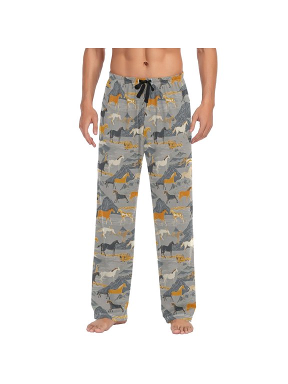 Men's Pajama Pants -Cartoon Print Soft Stretch Band Waist, Loose Straight Fit for Sleep and Lounge (95% Polyester),with Mountains As The Backdrop