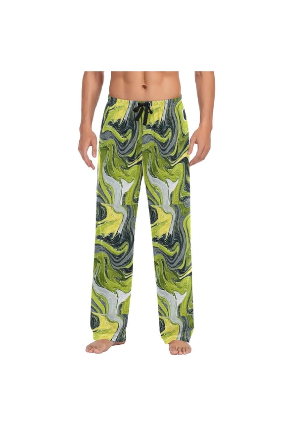 Men's Pajama Pants -Cartoon Print Soft Stretch Band Waist, Loose Straight Fit for Sleep and Lounge (95% Polyester),A Green Liquid
