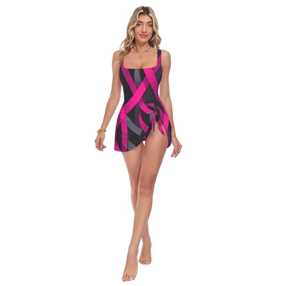 Ttyddzy One Piece Swimsuits for Women with Skirt Ruched Tummy Control Square Neck, Neon-colored Ribbon, S
