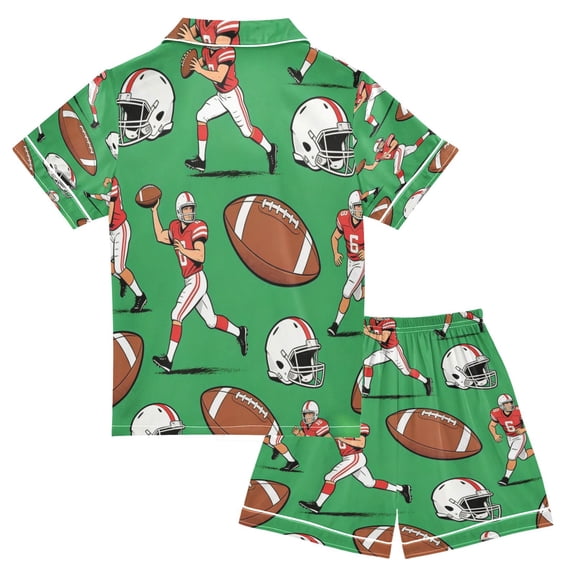 Ttyddzy Pajama Sets for Boys&Girls, Soft Silky Satin Button-Up Pjs with Shorts for Spring/Summer, Green Rugby Ball S