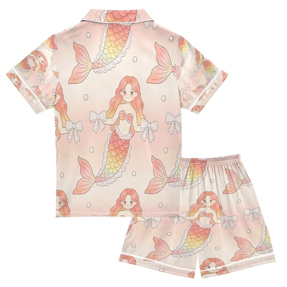 Ttyddzy Pajama Sets for Boys&Girls, Soft Silky Satin Button-Up Pjs with Shorts for Spring/Summer, Mermaid S