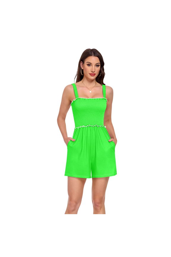 Rompers for Women Casual Summer Jumpsuits Strap Loose Overalls Shorts Romper with Pockets, Bright Emerald Green Printed