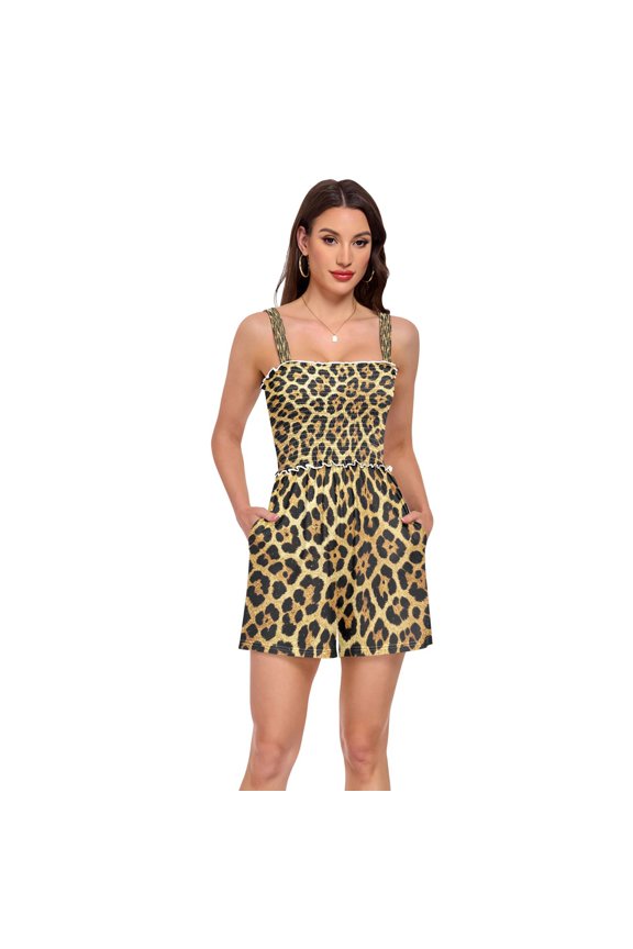 Rompers for Women Casual Summer Jumpsuits Strap Loose Overalls Shorts Romper with Pockets, Gold Leopard Print Printed