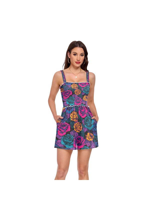 Rompers for Women Casual Summer Jumpsuits Strap Loose Overalls Shorts Romper with Pockets, Neon Rainbow Roses Printed