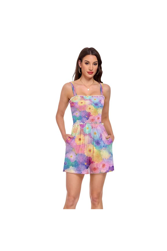 Rompers for Women Casual Summer Jumpsuits Strap Loose Overalls Shorts Romper with Pockets, Rainbow Flowers Printed