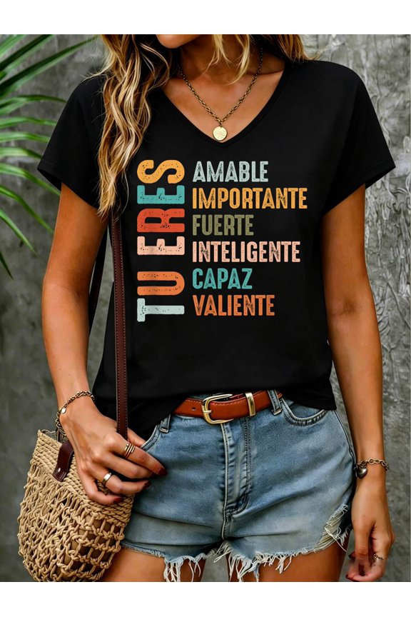 Tu Eres Amable Importante Spanish Hispanic Mental Health V Neck T-Shirt Cotton Women's V Neck Graphic Tee, Casual Short Sleeve Shirt,Vacation Outfit
