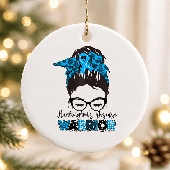Tu Messy Bun Blue Ribbon Huntington's Disease Awareness Christmas Ornament, Holiday Keepsake Gift, Ceramic Ornament