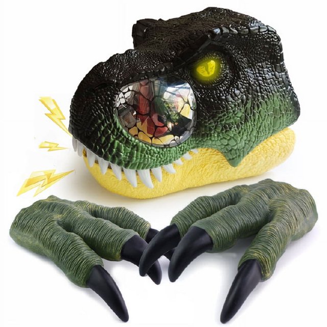 TuKIIE Jaw Movable Dino Masks Claws Toy, Roaring Sound and Glowing Eyes with 2 Claws Dinosaur
