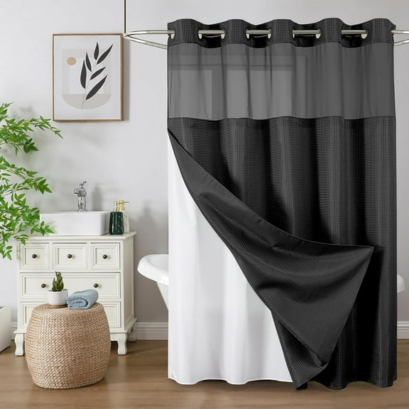 TuKang Black Waffle Weave Shower Curtains, No Hook Shower Curtain with Snap in Fabric Liner, Waffle Weave Polyester Fabric Shower Curtain with See Through Top Window, 72"X75"