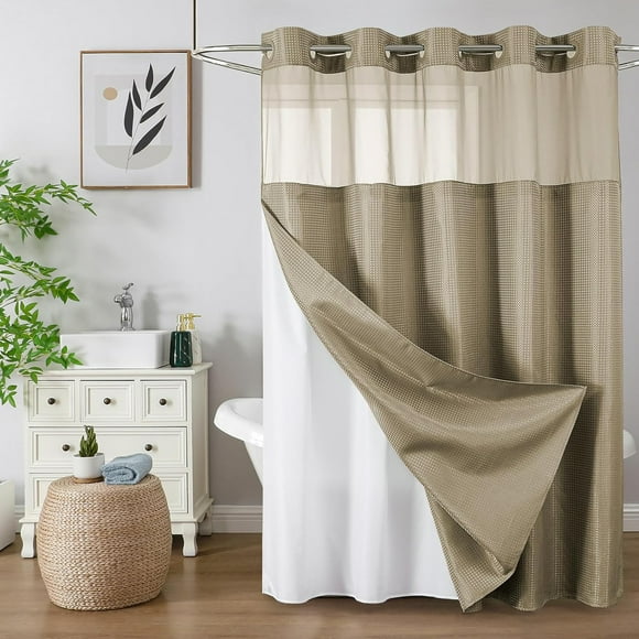 TuKang Beige Waffle Weave Shower Curtains, No Hook Shower Curtain with Snap in Fabric Liner, Waffle Weave Polyester Fabric Shower Curtain with See Through Top Window, 72"X75"