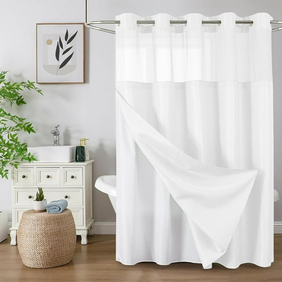 TuKang White Waffle Weave Shower Curtains, No Hook Shower Curtain with Snap in Fabric Liner, Waffle Weave Polyester Fabric Shower Curtain with See Through Top Window, 72"X75"