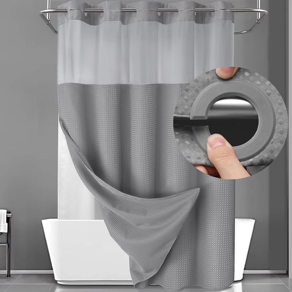 DawnJoanHD No Hook Waffle Weave Shower Curtain, Grey Shower Curtains with Snap in Fabric Liner and See Through Top Window, 72"X75"