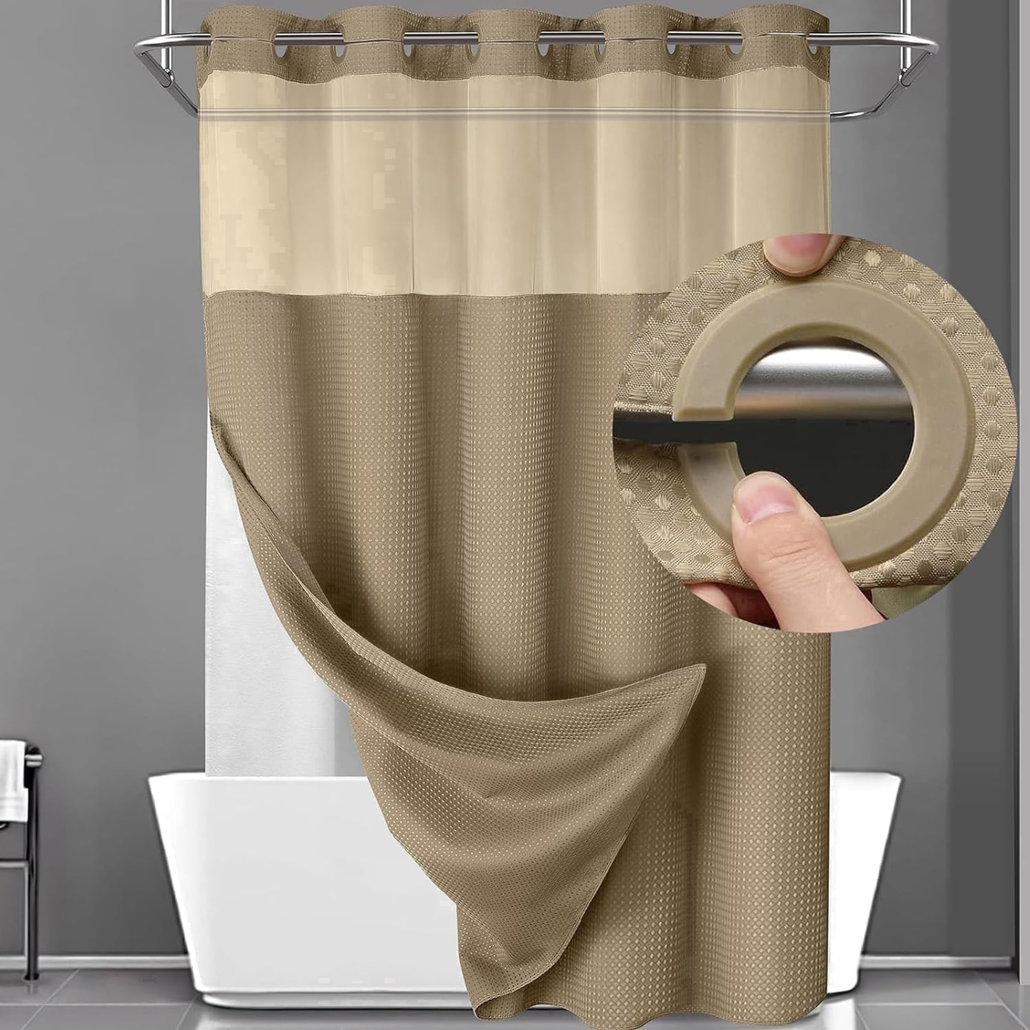 DawnJoanHD Waffle Weave No Hook Shower Curtain with Snap-in Liner, Beige Polyester Fabric with See-Through Top Window, 72" x 75"