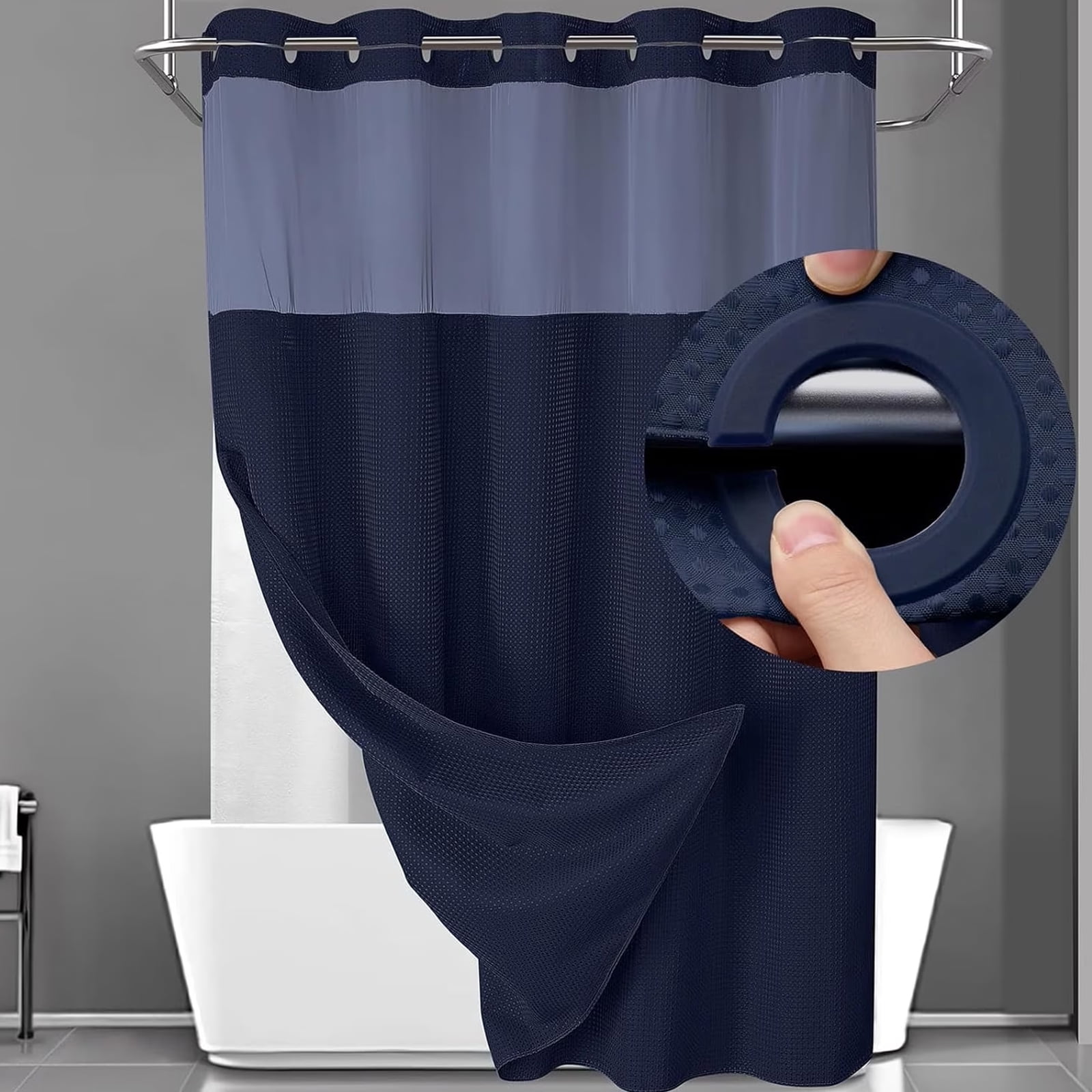DawnJoanHD Waffle Weave No Hook Shower Curtain with Snap-in Liner, Blue Polyester Fabric with See-Through Top Window, 72" x 75"
