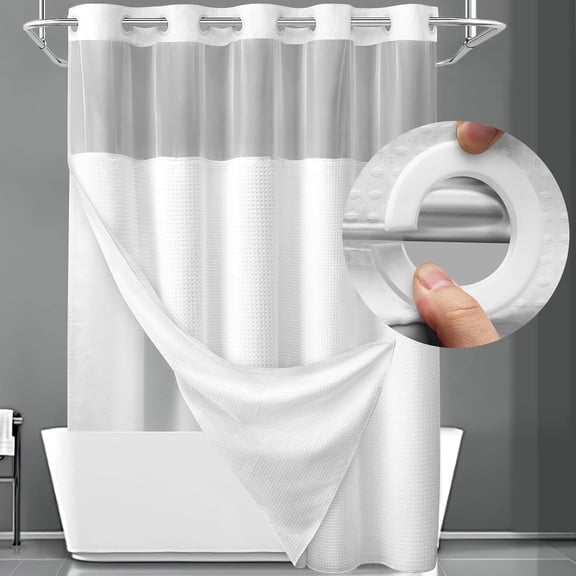 DawnJoanHD No Hook Waffle Weave Shower Curtain, White Shower Curtains with Snap in Fabric Liner and See Through Top Window, 72"X75"