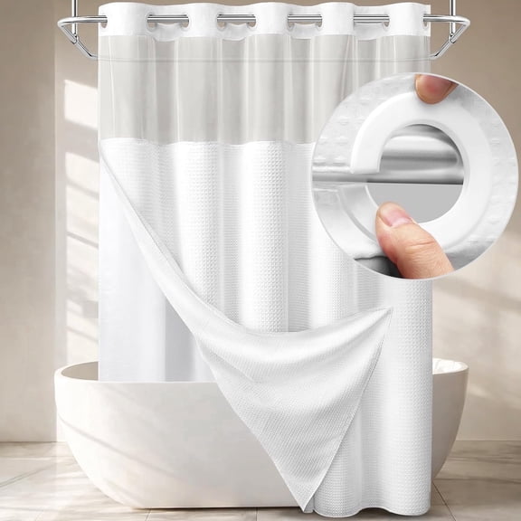 DawnJoanHD Waffle Weave No Hook Shower Curtain with Snap-in Liner, White Polyester Fabric with See-Through Top Window, 72" x 75"
