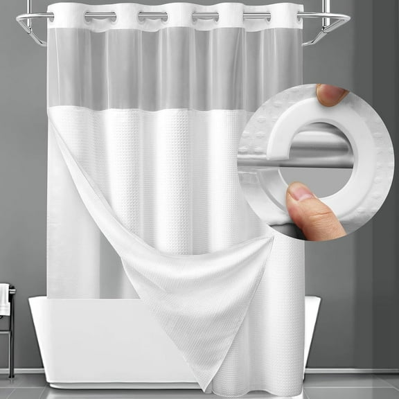 TuKang No Hook Shower Curtain with Snap in Fabric Liner Set, White Waffle Weave Shower Curtain, Waterproof Heavyweight Fabric Shower Curtain with See Through Top Window, 72"X75"