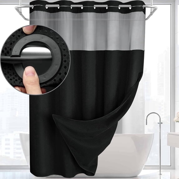 DawnJoanHD Waffle Weave No Hook Shower Curtain with Snap-in Liner, Black Polyester Fabric with See-Through Top Window, 72" x 75"